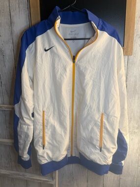 Nike Dri-Fit Men Jacket Size Medium White Blue Yellow Full Zip Windbreaker